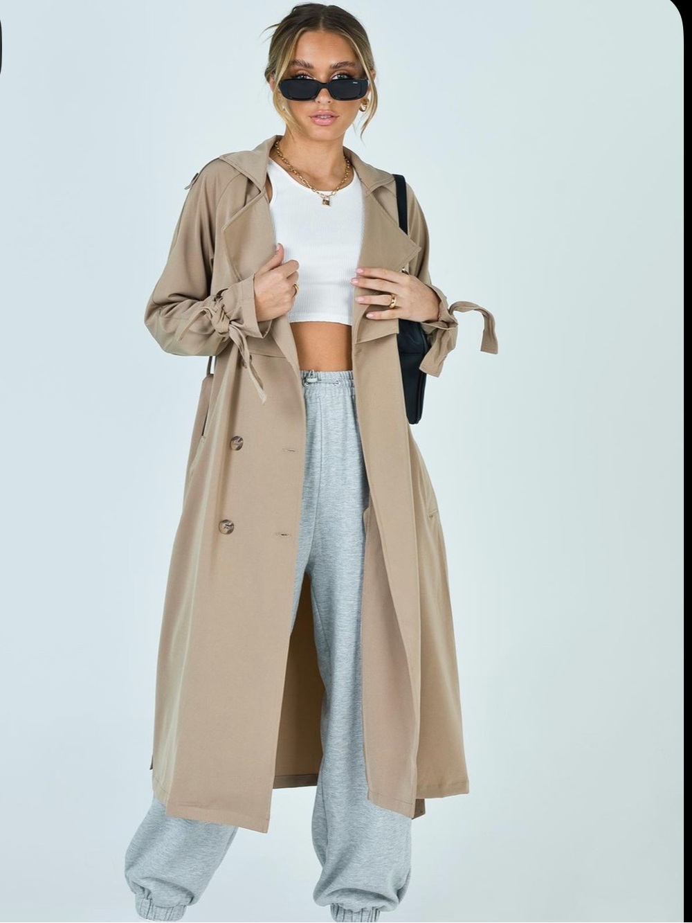 Princess Polly Taupe Trench Coat Double Breasted Belted Longline Office Siren